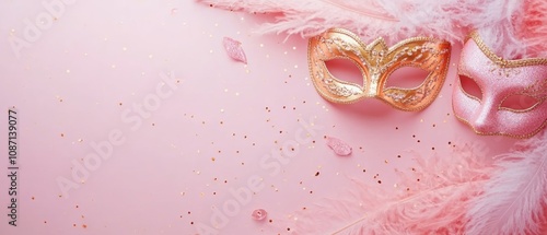 Two beautifully crafted carnival masks adorned with feathers and glitter lie on a soft pink surface, capturing the essence of the Carnival of Venice