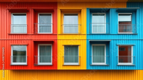 Colorful facade of a building with vibrant window arrangements.