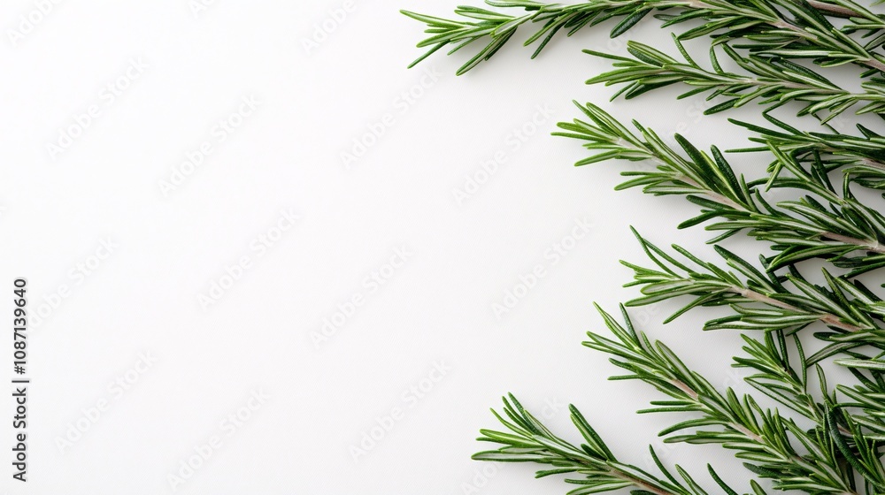 Isolated on white background sprigs of fresh rosemary with long needle-like leaves in natural alignment and side empty space for text Stockphoto style Isolated on white background sprigs of fresh rosemary with long needle-like leaves in natural alignment and side empty space for text Stockphoto style