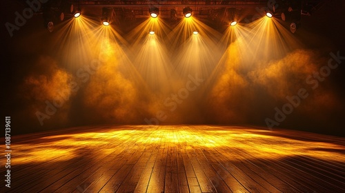 Free stage with lights and smoke, Empty stage with gold yellow spotlights, conser, show, party, Presentation concept.. orange spotlight strike on black background.banner design.empty gold podium stage photo