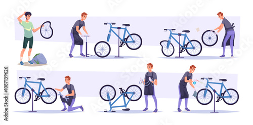 Bicycle repair service. Professional worker repairing different bicycle parts gears and wheels exact vector flat pictures set photo