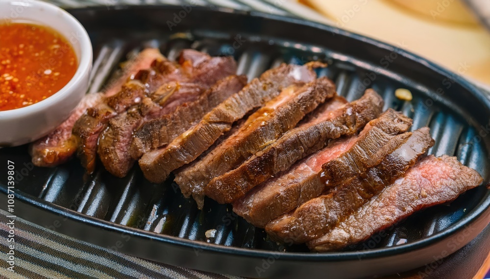 Grilled Beef Slices on Hot Plate with Spicy Sauce Grilled Beef Slices on Hot Plate with Spicy Sauce