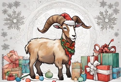 A goat stands among the Christmas presents.. Symbol of the Year 2027 2039 2051 2063.