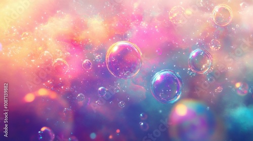 Neon bubble shapes floating in soft pastel space