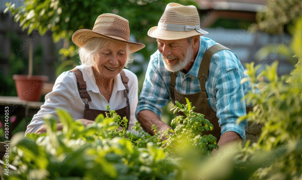 Elderly senior couple harvesting herbs in garden during summer Elderly senior couple harvesting herbs in garden during summer