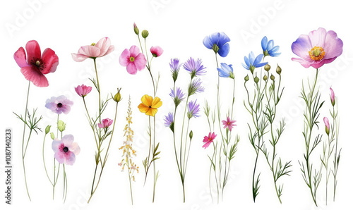 Wild flowers set, watercolor digital illustration. Perfectly for poster, card design. Mother's Day, Birthday, Valentine's day decoration