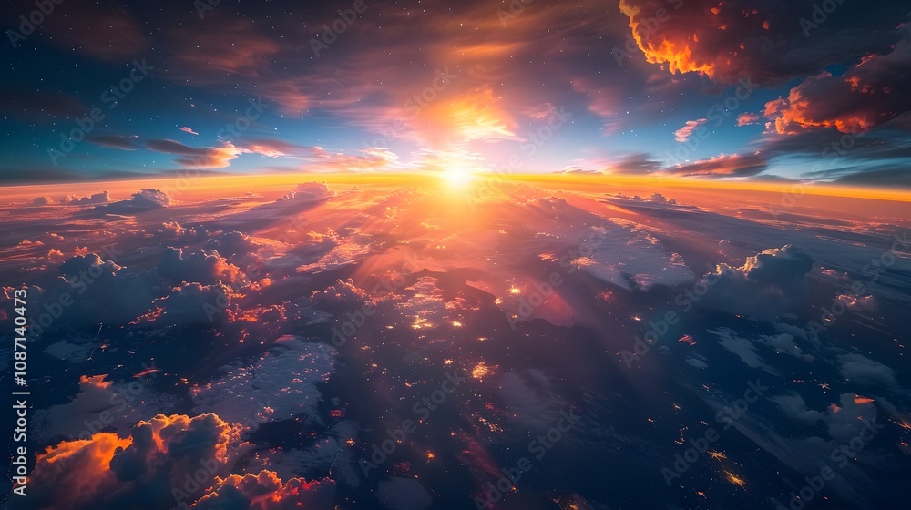 Stunning sunset viewed from above the clouds. Warm oranges and reds paint the sky, contrasting with the deep blues and purples of twilight. A breathtaking view of nature's beauty. Stunning sunset viewed from above the clouds. Warm oranges and reds paint the sky, contrasting with the deep blues and purples of twilight. A breathtaking view of nature's beauty.