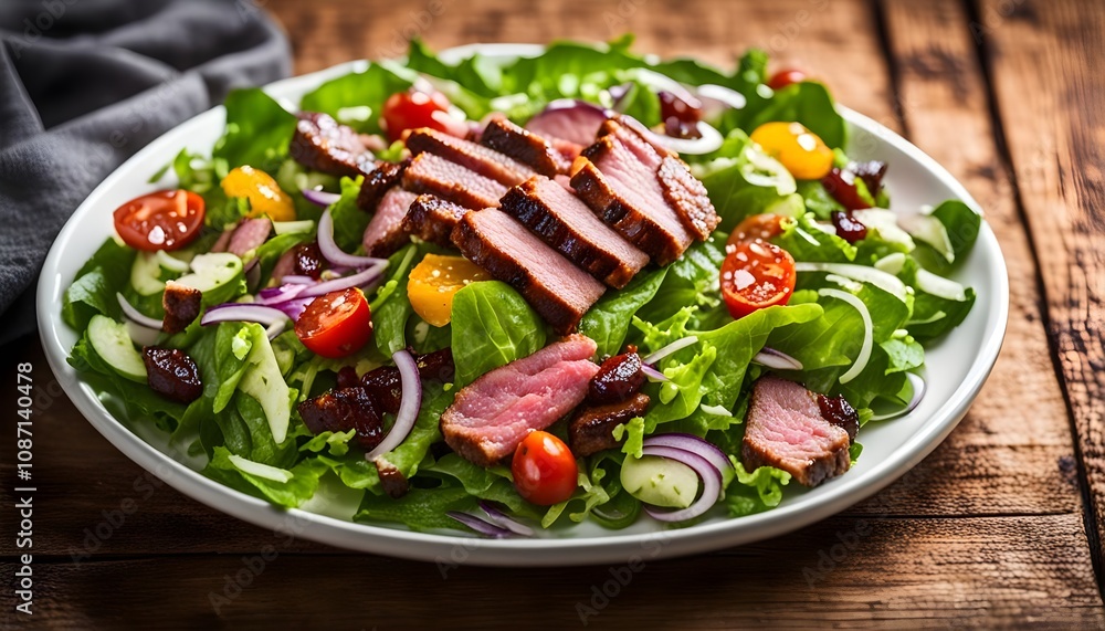 Meat Salad with BBQ Meat and Fresh Salad Leaf
