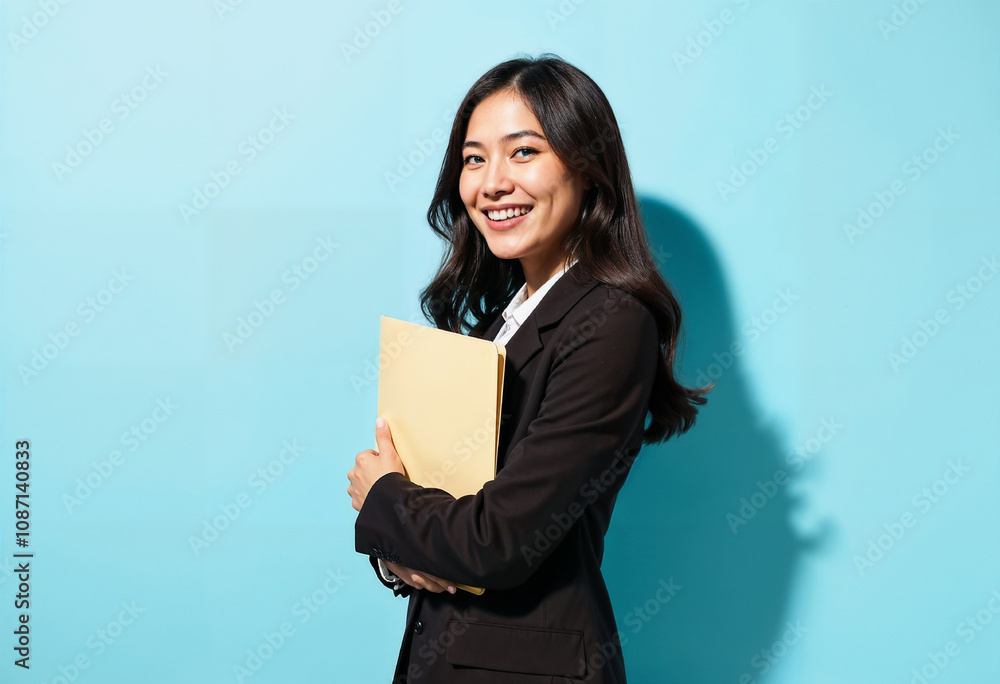 Portrait of a smiling businesswoman in a suit holding a file. She's standing against a bright blue background, exuding confidence and professionalism in a modern work environment. Portrait of a smiling businesswoman in a suit holding a file. She's standing against a bright blue background, exuding confidence and professionalism in a modern work environment.