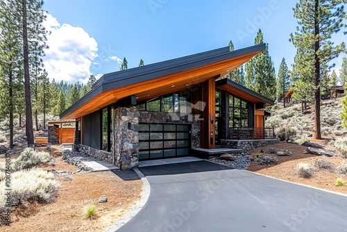 Modern cabin with wooden accents and large windows nestled among tall pine trees in a tranquil forest setting on a sunny day