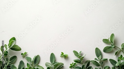 Isolated on white background fresh sage leaves with soft velvety texture aligned in an organic layout and side empty space for text Stockphoto style photo