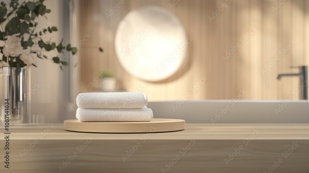 Podium for product display and towel on blurred bathroom background. Podium for product display and towel on blurred bathroom background.