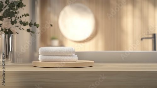 Podium for product display and towel on blurred bathroom background.