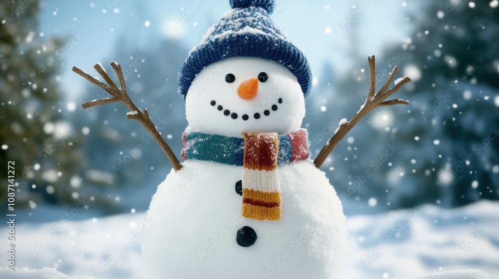 Cheerful snowman wearing a blue hat and colorful scarf in a snowy forest with falling snowflakes. Cheerful snowman wearing a blue hat and colorful scarf in a snowy forest with falling snowflakes.