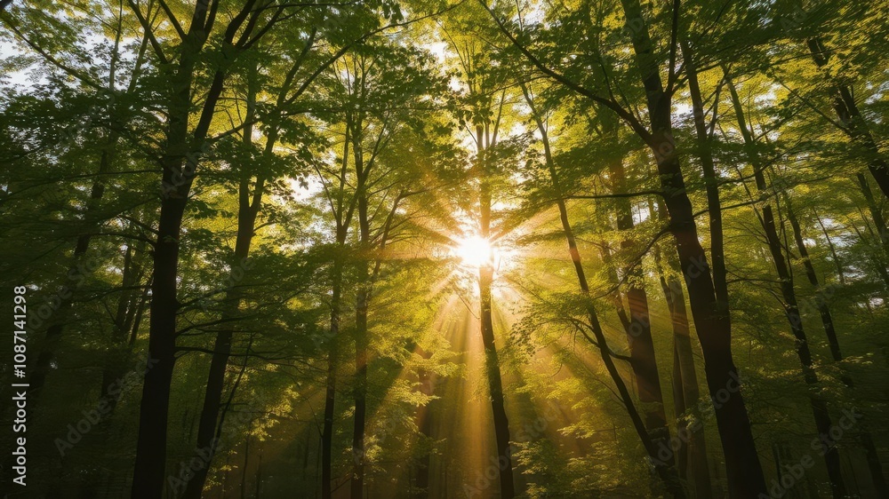 Naklejka premium Sunlight streaming through dense forest trees in the early morning, casting a warm golden glow on the vibrant green leaves and creating a magical, ethereal atmosphere, beauty, early morning