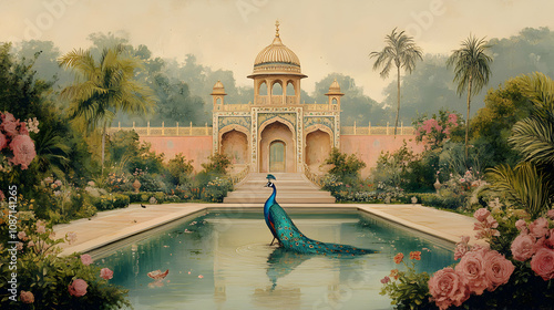 A Peacock Stands in a Reflecting Pool in Front of a Grand, Ornate Palace, Surrounded by Lush Gardens and Palm Trees in a Vintage Illustration Style photo