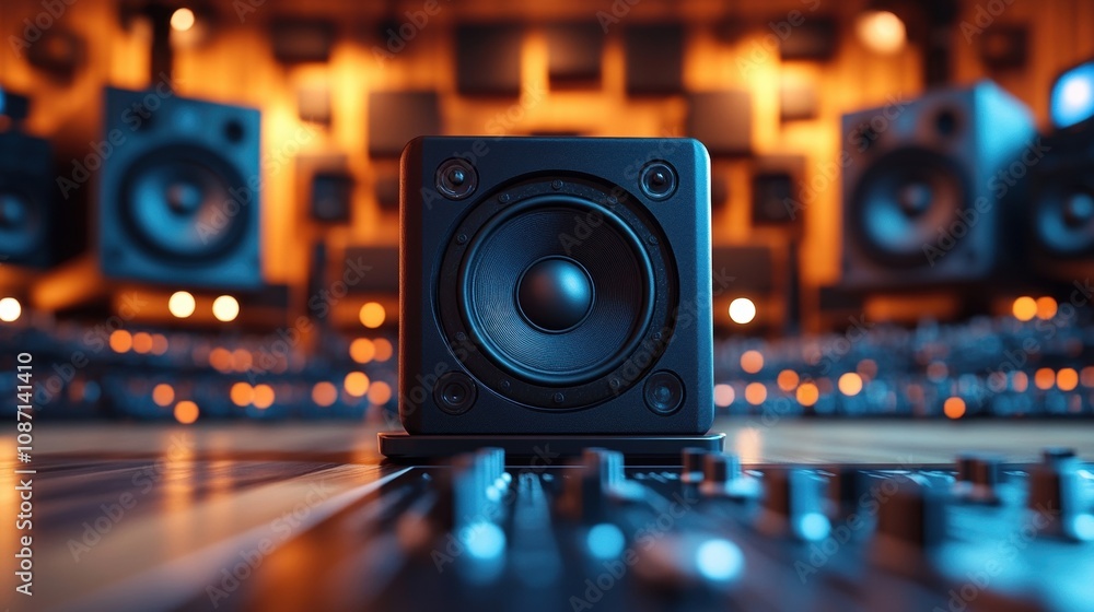 A close-up of a powerful speaker in a modern sound studio featuring an array of acoustic panels, mixing equipment, and ambient lighting background A close-up of a powerful speaker in a modern sound studio featuring an array of acoustic panels, mixing equipment, and ambient lighting background