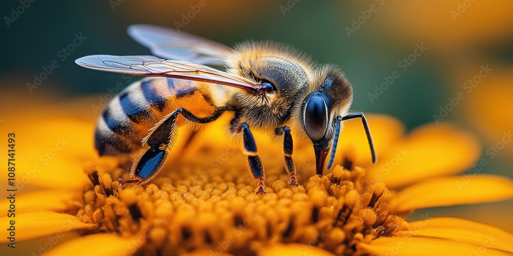 A vibrant, detailed close-up of a honeybee delicately perched on a bright orange flower amidst a blurred natural background in a garden setting A vibrant, detailed close-up of a honeybee delicately perched on a bright orange flower amidst a blurred natural background in a garden setting