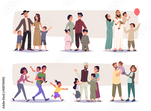 Diverse family. Happy group of parents with kids different nationalities exact vector cartoon characters set