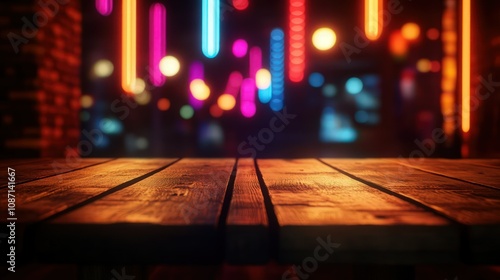 Wooden table, blurred bokeh background background. Neon light, night view, close-up. The general background of the interior, a dark background photo