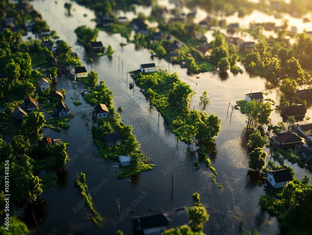 Aerial view of flooded landscape with houses. Aerial view of flooded landscape with houses.