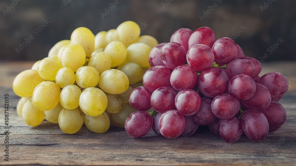 White and red wine with bunches of grapes on vintage wooden table. White and red wine with bunches of grapes on vintage wooden table.