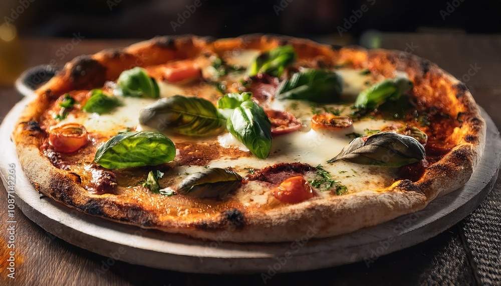 Deliciously baked pizza with fresh toppings ready to be enjoyed Deliciously baked pizza with fresh toppings ready to be enjoyed