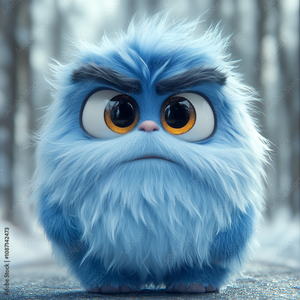 Fototapeta premium Cute blue furry cartoon character with big eyes