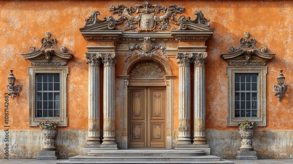 Obraz premium Ornate entrance with columns and decorative elements on an orange wall.