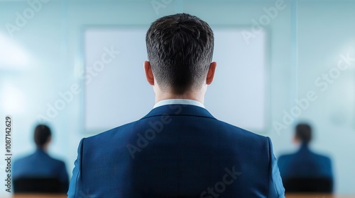 A man in a suit is seated in front of a presentation, facing away from the camera, with two others visible in the background.