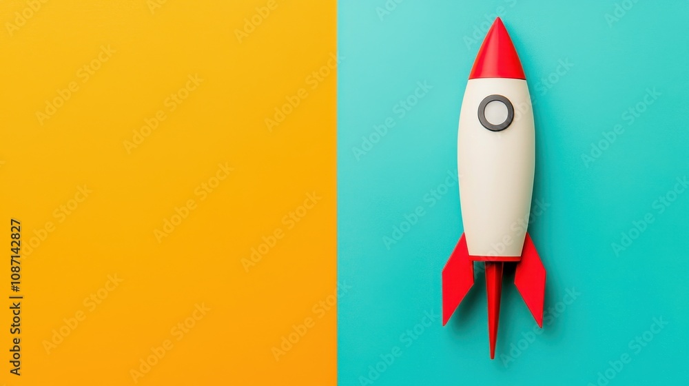 A colorful rocket toy on a vibrant split background of orange and teal, symbolizing creativity and innovation. A colorful rocket toy on a vibrant split background of orange and teal, symbolizing creativity and innovation.