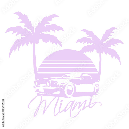 Miami Usa Cool Classic Car Sun America Florida Fun Design Lover Art Vector Illustration Card T-Shirt Poster Sticker Graphic Print Decorative Drawing Isolated Logo Decoration Symbol Creative Cool Style