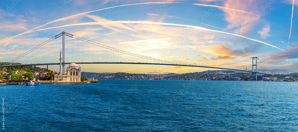 A Grand Imperial Ortakoy Mosque and Bosphorus Bridge, Istanbul panorama, Turkey