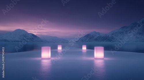 Fototapeta Naklejka Na Ścianę i Meble -  A series of four lit up cubes are floating on a frozen lake