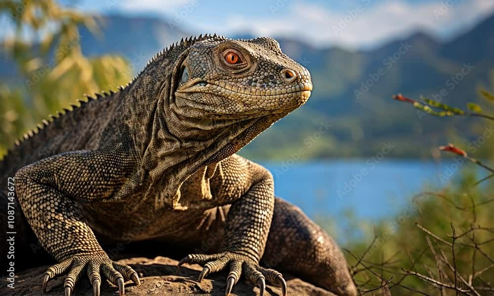 Majestic lizard basking by the water under the sun in a lush landscape at midday Majestic lizard basking by the water under the sun in a lush landscape at midday