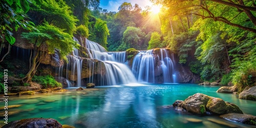 Serene Landscape of a Pure Fresh Water Waterfall Cascading Through Lush Green Forest in Majestic Mountains Surrounded by Vibrant Flora and Crystal Clear Pool Below