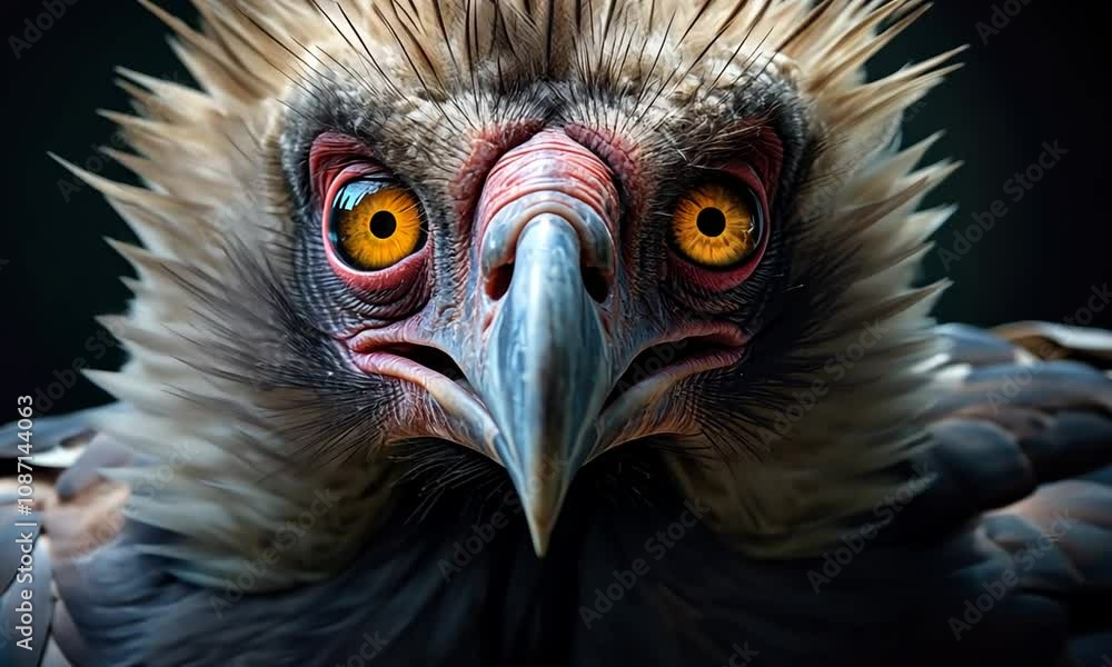 Majestic vulture with striking yellow eyes perched in the dark, showcasing its fierce and captivating gaze in nature Majestic vulture with striking yellow eyes perched in the dark, showcasing its fierce and captivating gaze in nature