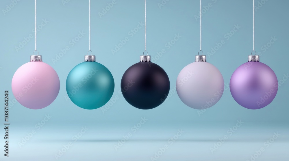 A row of Christmas ornaments hanging from a string A row of Christmas ornaments hanging from a string