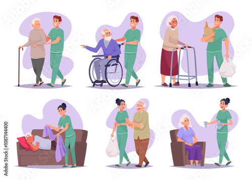Senior care. Volunteers helping to elderly people medical assistance and social support characters exact vector cartoon senior