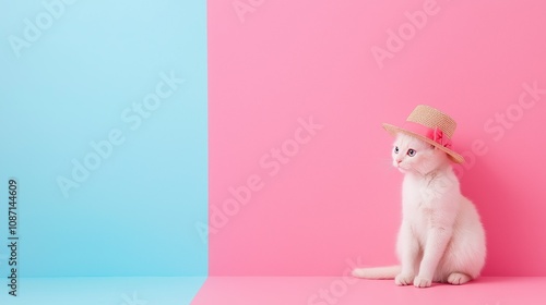Wallpaper Mural White kitten wearing a hat with two pink and blue backgrounds
Cute and sweet image, perfect for pet products or brands that emphasize cuteness and cheerfulness. Torontodigital.ca