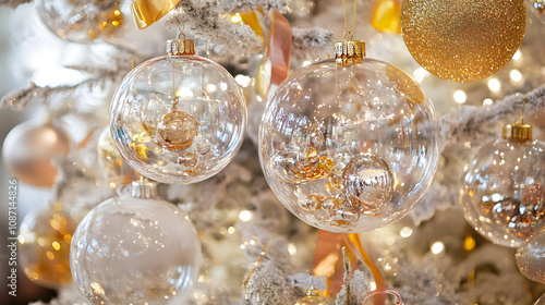 Christmas Background with Glass Ball Ornaments, Snow Inside, and Gold Glitter Confetti 3D Illustration.