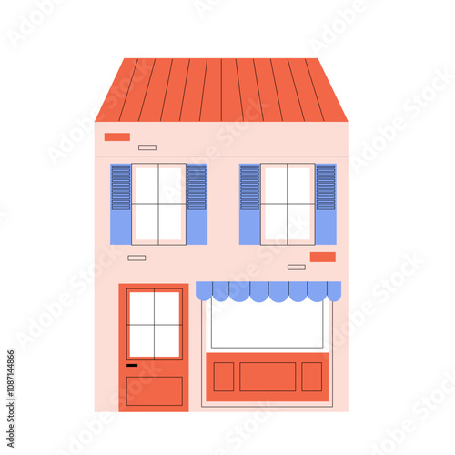 Maison française avec boutique rose et bleue en flat design