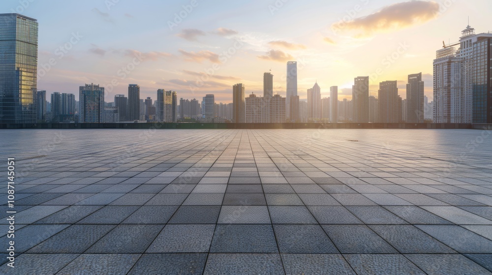 Empty square floor with city skyline background, Industrial urban vista, gritty industrial cityscape Empty square floor with city skyline background, Industrial urban vista, gritty industrial cityscape