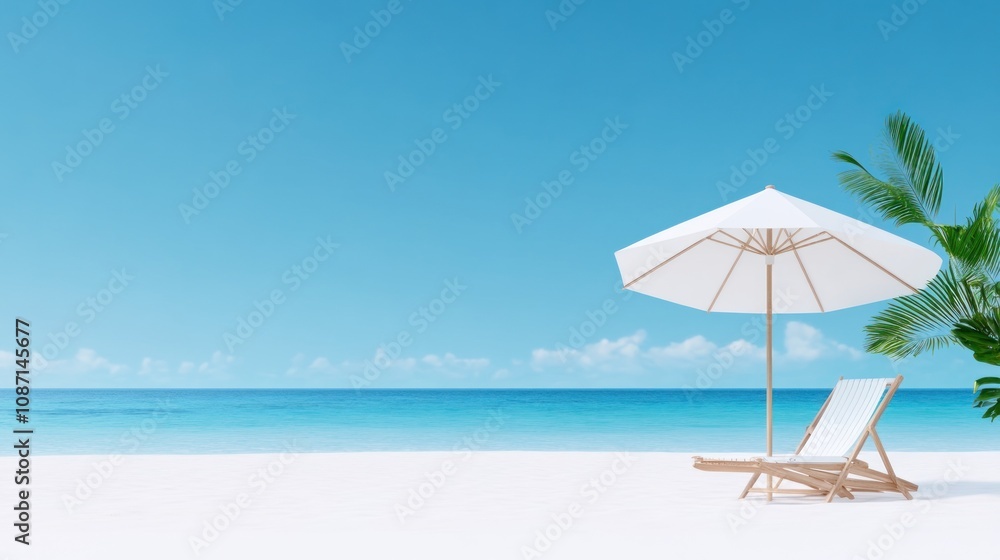 Tranquil beach scene with a sun lounger and umbrella by the ocean. Tranquil beach scene with a sun lounger and umbrella by the ocean.