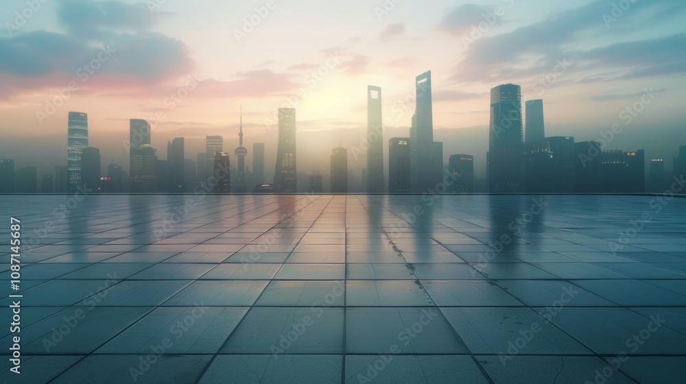Empty square floor with city skyline background, Urban sanctuary, peaceful cityscape vista Empty square floor with city skyline background, Urban sanctuary, peaceful cityscape vista