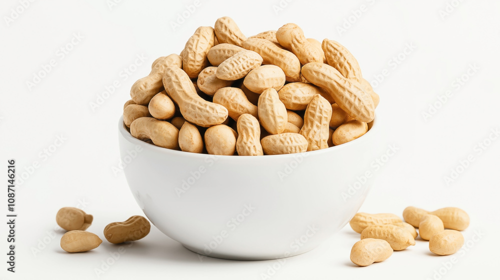 White ceramic bowl filled with unshelled peanuts on a white background with scattered peanuts White ceramic bowl filled with unshelled peanuts on a white background with scattered peanuts