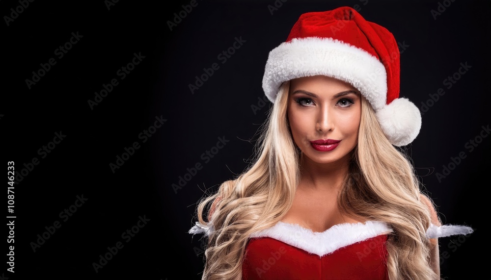 woman wearing Santa claus costume and hat on dark background woman wearing Santa claus costume and hat on dark background