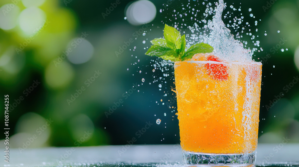 Refreshing sports drink being poured into glass with splashes, garnished with mint and fruit, creating vibrant and energetic scene
