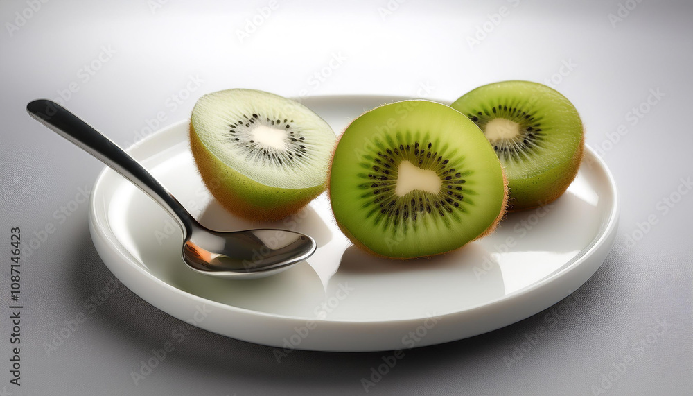 Half peeled kiwi, with a small spoon on the side, arranged on a white ceramic plate Half peeled kiwi, with a small spoon on the side, arranged on a white ceramic plate