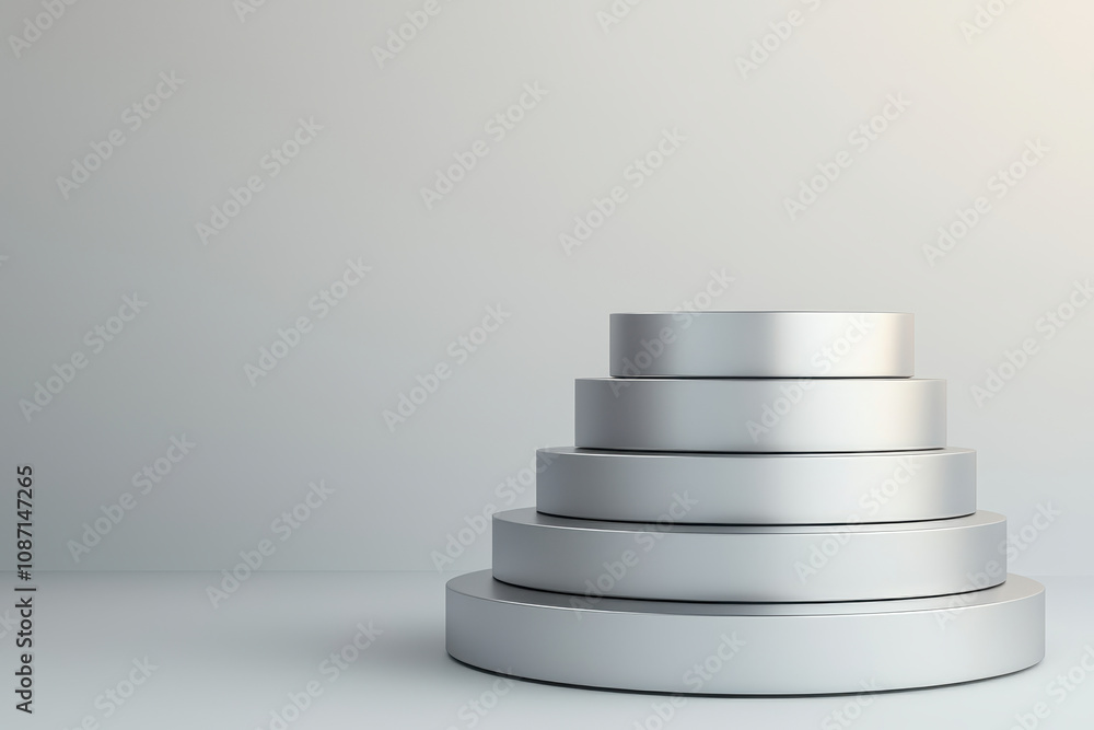 Multi tiered silver podium with sharp angular lines, ideal for presentations or displays. sleek design enhances any modern setting, creating sophisticated atmosphere Multi tiered silver podium with sharp angular lines, ideal for presentations or displays. sleek design enhances any modern setting, creating sophisticated atmosphere